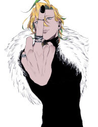 Rule 34 | 1boy, ahoge, black nails, blonde hair, chijin15, ear piercing, earrings, fur shawl, hand focus, highres, hypnosis mic, izanami hifumi, jewelry, lips, male focus, middle finger, multicolored hair, nail polish, outstretched hand, parted bangs, piercing, profanity, ring, sanpaku, shawl, short hair, smile, solo, streaked hair, turtleneck