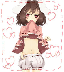 Rule 34 | 1girl, :3, animal ears, bad id, bad pixiv id, bloomers, blush, breasts, brown hair, clothes in mouth, clothes lift, dress, dress in mouth, dress lift, female focus, heart, heart-shaped pupils, inaba tewi, looking at viewer, midriff, mouth hold, naughty face, navel, no bra, pink eyes, purin jiisan, rabbit ears, red eyes, short hair, small breasts, solo, sweat, symbol-shaped pupils, touhou, underboob, underwear