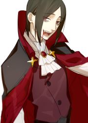 Rule 34 | 1boy, alternate costume, ascot, blood, blood from mouth, cape, collared jacket, european clothes, fang, fate/grand order, fate (series), green hair, high collar, jacket, long sleeves, looking at viewer, male focus, ne dzumi, parted bangs, phantom of the opera (fate), red cape, red eyes, solo, vampire costume, white ascot