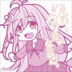 Rule 34 | 1girl, ahoge, blush stickers, chibi, commentary request, cowboy shot, crescent, crescent hair ornament, dress, hair ornament, inaba shiki, kantai collection, long hair, looking at viewer, monochrome, one-hour drawing challenge, pink theme, pleated dress, school uniform, serafuku, smile, solo, uzuki (kancolle)