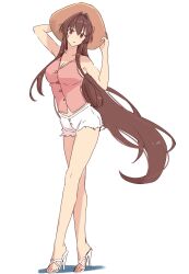 Rule 34 | 1girl, alternate costume, bare legs, blush, breasts, brown hair, cleavage, crossed legs, full body, hair between eyes, hands on headwear, hat, high heels, highres, kantai collection, kasumi (skchkko), large breasts, long hair, looking at viewer, parted lips, pink tank top, ponytail, red eyes, short shorts, shorts, simple background, solo, standing, tank top, very long hair, watson cross, white background, white footwear, yamato (kancolle)