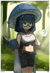 Rule 34 | 1girl, ?, belt, belt pouch, black-framed eyewear, black hair, black shorts, blue eyes, book, breasts, brown gloves, cape, dated, day, gloves, grass, hand on own hip, hat ornament, highres, medium hair, midriff, mushroom hat, navel, open book, original, outdoors, pouch, shorts, small breasts, solo, spoken question mark, standing, thigh belt, thigh strap, white cape, youjiao heiyu