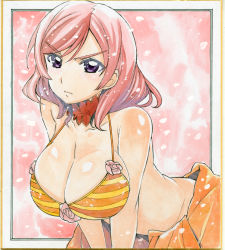 Rule 34 | 10s, 1girl, alternate breast size, angry, bare shoulders, bikini, blush, breasts, cleavage, closed mouth, flower, hanging breasts, large breasts, leaning forward, looking at viewer, love live!, love live! school idol project, lowleg, nagynagynagy, nishikino maki, purple eyes, red hair, rose, short hair, solo, striped bikini, striped clothes, swimsuit, traditional media
