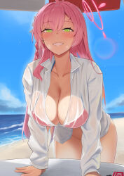 Rule 34 | 1girl, beach, bikini, bikini under clothes, blue archive, blue sky, blush, bottomless, breasts, collarbone, condom box, day, green eyes, grin, halo, hanako (blue archive), hanako (swimsuit) (blue archive), highres, kion-kun, large breasts, leaning forward, looking at viewer, ocean, official alternate costume, outdoors, pink hair, shirt, sky, smile, solo, swimsuit, white shirt