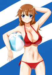 Rule 34 | 1girl, absurdres, ball, beachball, bikini, blue eyes, breasts, charlotte e. yeager, cleavage, highres, hiroshi (hunter-of-kct), large breasts, long hair, orange hair, red bikini, side-tie bikini bottom, smile, solo, strike witches, swimsuit, underboob, world witches series