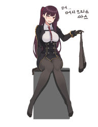 Rule 34 | 1girl, black gloves, black jacket, black pantyhose, blush, breasts, full body, girls&#039; frontline, gloves, hair ribbon, highres, holding, holding clothes, holding legwear, jacket, jonbur man, korean text, long hair, looking at viewer, medium breasts, mole, mole under eye, necktie, no shoes, open mouth, pantyhose, ponytail, purple hair, red eyes, red necktie, red ribbon, ribbon, sitting, solo, translation request, wa2000 (girls&#039; frontline), white background