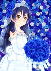 Rule 34 | 1girl, artist name, bare shoulders, blue flower, blush, bouquet, collarbone, dress, female focus, floral background, flower, hiro9779, holding, holding bouquet, jewelry, long hair, looking at viewer, love live!, love live! school idol project, necklace, parted lips, pearl necklace, skirt, smile, solo, sonoda umi, veil, wedding dress, white dress, white skirt, yellow eyes