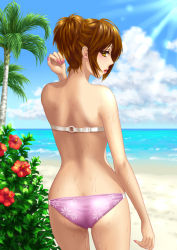 Rule 34 | 1girl, ass, beach, bikini, brown eyes, brown hair, flower, from behind, hamura mayu, hibiscus, light rays, looking back, meiko (vocaloid), nail polish, palm tree, ponytail, project diva (series), project diva 2nd, short hair, solo, sunbeam, sunlight, swimsuit, thigh gap, thighs, tree, vocaloid, wet