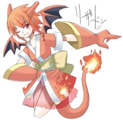 Rule 34 | 1girl, bandages, charizard, creatures (company), dragon girl, dragon tail, dragon wings, fang, fire, flame-tipped tail, game freak, gen 1 pokemon, gloves, horns, monster girl, nintendo, one eye closed, panties, pantyshot, parody, personification, pokemon, red eyes, red hair, simple background, skirt, solo, tail, transparent, underwear, upskirt, white background, white panties, wings