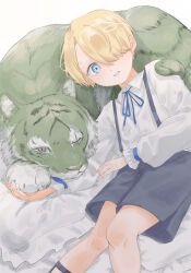 Rule 34 | 1boy, aged down, animalization, black shorts, blonde hair, blue eyes, blush, collared shirt, commentary, cropped legs, curly eyebrows, facing viewer, hair over one eye, highres, holding, holding paw, lily-summer-0607, long bangs, lying on animal, male focus, one piece, open mouth, pillow, puffy sleeves, roronoa zoro, sanji (one piece), scar, scar across eye, scar on face, shirt, short hair, shorts, simple background, tiger, white background, white shirt