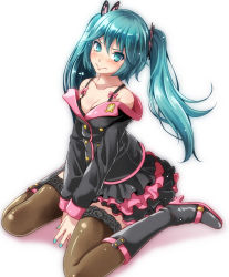 Rule 34 | 1girl, aqua eyes, aqua hair, aqua nails, between legs, black bra, black footwear, black jacket, black skirt, blush, boots, bow, bra, breasts, brown thighhighs, butterfly hair ornament, cleavage, closed mouth, collarbone, frown, full body, hair ornament, hand between legs, hatsune miku, high heel boots, high heels, highres, honey whip (module), jacket, knee boots, layered skirt, long hair, long sleeves, looking at viewer, medium breasts, nail polish, nose blush, off shoulder, open clothes, open jacket, own hands together, pink bow, project diva (series), simple background, sitting, skirt, solo, sweet devil (vocaloid), thighhighs, tsukishiro saika, twintails, underwear, v-shaped eyebrows, vocaloid, wariza, white background