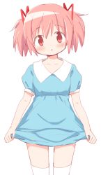 Rule 34 | 1girl, alternate costume, arms at sides, blue dress, clenched hands, clothes grab, collarbone, collared dress, commentary request, cowboy shot, dot nose, dress, expressionless, flat chest, hair between eyes, hair ribbon, head tilt, highres, kaname madoka, legs apart, light blush, looking at viewer, mahou shoujo madoka magica, mahou shoujo madoka magica (anime), parted lips, pink eyes, pink hair, puffy short sleeves, puffy sleeves, red ribbon, ribbon, shaded face, short dress, short sleeves, short twintails, simple background, skirt hold, solo, standing, thighhighs, tsubaki (tatajd), twintails, white background, white thighhighs, zettai ryouiki