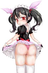 Rule 34 | 10s, 1girl, ass, black hair, blush, clothes lift, dress, female focus, from behind, hair ribbon, long hair, looking at viewer, looking back, love live!, love live! school idol project, maid, maid headdress, margamoid, mogyutto &quot;love&quot; de sekkin chuu!, panties, parted lips, red eyes, ribbon, shiny skin, simple background, skirt, skirt hold, skirt lift, solo, thighhighs, twintails, underwear, yazawa nico