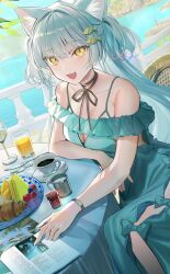 Rule 34 | 1girl, animal ear fluff, animal ears, aqua bow, aqua dress, aqua hair, black ribbon, bow, breasts, cat ears, cherry, coffee, coffee mug, croissant, cup, day, dress, drinking glass, fish hair ornament, food, fork, fruit, hair ornament, highres, kawachi rin, lemon, lemon slice, long hair, looking at viewer, medium breasts, mug, neck ribbon, ocean, open mouth, original, plate, pointing, ribbon, sitting, smile, solo, very long hair, wine glass, yellow eyes