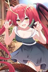 Rule 34 | 1girl, :d, absurdres, bare arms, black dress, blush, breasts, brown eyes, brown wings, claw pose, collarbone, commentary request, copyright request, day, dragon girl, dragon horns, dragon tail, dragon wings, dress, fang, hands up, hido (cherryhido), highres, horns, korean commentary, long hair, looking at viewer, official art, open mouth, outdoors, pointy ears, red hair, sleeveless, sleeveless dress, small breasts, smile, solo, tail, torn wings, twintails, v-shaped eyebrows, very long hair, wings