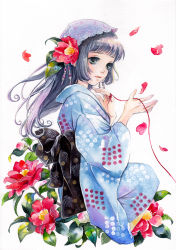 Rule 34 | 1girl, bonnet, camellia, expressionless, flower, from side, hair flower, hair ornament, japanese clothes, kimono, obi, original, petals, sash, solo, string, string of fate, thread, toyoda izumi, traditional media