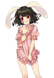 Rule 34 | 1girl, animal ears, black hair, blush, clothes pull, collarbone, covering privates, covering crotch, dress, dress pull, dress tug, female focus, inaba tewi, pulling own clothes, rabbit ears, red eyes, short hair, simple background, solo, torazou, touhou, white background