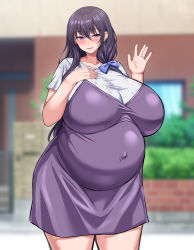 Rule 34 | 1girl, big belly, blush, breasts, collarbone, cowboy shot, curvy, dress, hair over shoulder, hand on own chest, highres, huge breasts, jewelry, long hair, mature female, mole, mole under mouth, original, outdoors, outie navel, ponchi (menchi0925), pregnant, purple dress, purple eyes, purple hair, ring, short sleeves, sidelocks, solo, standing, thick thighs, thighs, waving, wedding band, wide hips