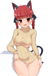 Rule 34 | 1girl, absurdres, animal ears, bow, braid, breasts, cat ears, cat tail, curvy, extra ears, fang, hair bow, highres, kaenbyou rin, kyokutou hentai samurai, large breasts, long hair, looking at viewer, panties, pointy ears, red eyes, red hair, ribbed sweater, simple background, smile, solo, sweater, tail, thigh gap, touhou, twin braids, underwear, white panties, wide hips
