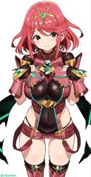1girl, armor, bangs, black gloves, blush, breasts, chest jewel, covered navel, earrings, eyebrows visible through hair, fingerless gloves, gem, gloves, hands on own chest, headpiece, highres, jewelry, large breasts, lips, pyra (xenoblade), red eyes, red hair, shisoneri, short hair, short shorts, shorts, shoulder armor, smile, solo, swept bangs, thighhighs, thighs, xenoblade chronicles (series), xenoblade chronicles 2