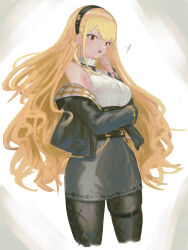Rule 34 | 1girl, absurdres, bare shoulders, belt, black headband, blonde hair, braid, breasts, denonbu, dollar sign, grey skirt, hairband, hand on own face, headband, highres, jacket, jewelry, large breasts, long hair, long sleeves, looking at viewer, necklace, open clothes, open jacket, open mouth, pantyhose, poyopoyo (poyo mega181), red eyes, shirokane aki, side braid, skirt, solo, turtleneck, very long hair