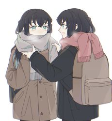 Rule 34 | 2boys, 5ya ngi, adjusting scarf, backpack, bag, black coat, black hair, breath, brothers, brown coat, coat, colored tips, contemporary, covered mouth, cowboy shot, dressing another, enpera, green eyes, green hair, grey scarf, hand up, highres, kimetsu no yaiba, long hair, long sleeves, male focus, multicolored hair, multiple boys, open mouth, outstretched arms, profile, red scarf, scarf, scarf over mouth, siblings, simple background, streaked hair, tokitou muichirou, tokitou yuichirou, twins, very long hair, white background, winter clothes