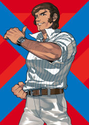 Rule 34 | 10s, 1boy, arm hair, belt, brown eyes, brown hair, clenched hand, highres, kaname jouji, kurahana chinatsu, official art, pants, parted lips, popped collar, samurai flamenco, shirt, sideburns, smile, standing, striped clothes, striped shirt, watch, wristwatch