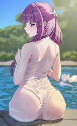 Rule 34 | 2girls, absurdres, ass, ass focus, back, back focus, bare shoulders, blunt bangs, blush, dress, elf, expressionless, female focus, fern (sousou no frieren), frieren, from behind, highres, huge ass, long hair, looking at viewer, looking back, multiple girls, outdoors, pointy ears, purple eyes, purple hair, purple pupils, see-through, sidelocks, sitting, sleeveless, sleeveless dress, sousou no frieren, straight hair, twintails, water, wet, wet clothes, wet dress, wet hair, white dress, yami anko