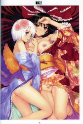 Rule 34 | 2girls, absurdres, arm between breasts, ass, bare legs, bare shoulders, barefoot, between breasts, black eyes, black hair, blue eyes, blush, breasts, censored, female focus, flower, hair flower, hair ornament, highres, japanese clothes, kimono, large breasts, legs, looking at viewer, lying, mosaic censoring, multiple girls, nipples, no panties, pubic hair, pussy, smile, thighs, tony taka, white hair, yuri