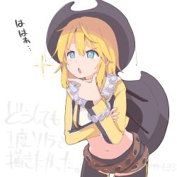 Rule 34 | 1girl, :o, belt, black shorts, black thighhighs, blonde hair, blouse, blue eyes, blush, brown belt, commentary request, cowboy hat, cowboy shot, creatures (company), crop top, cropped jacket, dated, flat chest, game freak, groin, hair between eyes, hand on own chin, hat, highres, jacket, long sleeves, midriff, navel, nintendo, open mouth, parody, pokemon, pokemon masters ex, rosa (pokemon), shirt, short hair, short shorts, shorts, sidelocks, signature, solo, sonolar, sparkle, standing, stroking own chin, summon night, summon night 3, thighhighs, translation request, umino hotate, white background, white shirt, yellow jacket