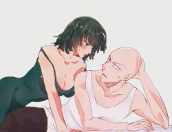 Rule 34 | 1boy, 1girl, blush, couple, dress, flustered, fubuki (one-punch man), lips, looking at another, lying, on side, one-punch man, pants, saitama (one-punch man), shirt, short hair, sweat, white background