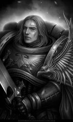 Rule 34 | 1boy, 2018, armor, artist name, breastplate, emperor&#039;s children, gauntlets, greyscale, holding, holding sword, holding weapon, imperial aquila, long hair, looking at viewer, male focus, monochrome, patch, pauldrons, portrait, power armor, purity seal, saul tarvitz, shoulder armor, simple background, solo, sword, veronica anrathi, warhammer 40k, watermark, weapon, web address