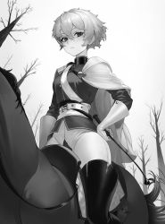 Rule 34 | 1girl, absurdres, belt, boots, breasts, buttons, closed mouth, collar, commentary, commentary request, copyright request, english commentary, gemi ningen, gloves, greyscale, hair between eyes, hand on own hip, highres, holding, horseback riding, jacket, korean commentary, looking at viewer, medium breasts, monochrome, official art, pants, riding, short hair, solo, thigh boots, white pants