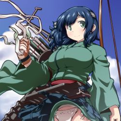 Rule 34 | 1girl, 547th sy, alternate hairstyle, arrow (projectile), blue hair, blue hakama, blue sky, bow (weapon), breasts, brown gloves, cloud, commentary request, cowboy shot, gloves, green eyes, green kimono, hair down, hakama, hakama short skirt, hakama skirt, headband, highres, holding, holding ribbon, japanese clothes, kantai collection, kimono, large breasts, long hair, looking at viewer, panties, pantyshot, partially fingerless gloves, partly fingerless gloves, quiver, ribbon, single glove, skirt, sky, solo, souryuu (kancolle), underwear, weapon, white panties, yugake