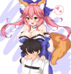 Rule 34 | 1boy, 1girl, :3, animal ears, bare shoulders, black hair, blue legwear, blue ribbon, blush, breasts, cleavage, collarbone, detached sleeves, embarrassed, faceless, faceless male, fate/grand order, fate (series), fox ears, fox tail, fujimaru ritsuka (male), hair ribbon, heart, highres, japanese clothes, large breasts, niku114514810, open mouth, pink hair, ribbon, speech bubble, tail, tamamo (fate), tamamo no mae (fate/extra), wavy mouth, yellow eyes