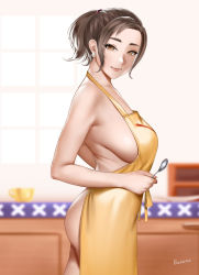 Rule 34 | 1girl, apron, artist name, ass, bare shoulders, blurry, blurry background, breasts, brown eyes, brown hair, creatures (company), earrings, easonx, game freak, highres, holding, holding spoon, jewelry, large breasts, looking at viewer, mature female, mother (pokemon), naked apron, nintendo, paldea mother, pearl earrings, pokemon, pokemon sv, ponytail, sideboob, sidelocks, smile, solo, spoon, yellow apron