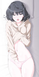 Rule 34 | 1girl, absurdres, bad id, bad pixiv id, bed, black hair, blush, bow, bow panties, brown hair, clothed masturbation, clothes lift, female focus, female masturbation, fingering, glasses, grabbing, grabbing own breast, half-closed eyes, hand in panties, hand under clothes, head on pillow, highres, hood, hoodie, hoodie lift, lifted by self, lying, masturbation, navel, no pants, ogino jun, on bed, open mouth, panties, pillow, pink panties, solo, underwear