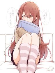 Rule 34 | 1girl, black skirt, blush, brown hair, brown sweater, commentary request, couch, flip (diiolive), hair between eyes, hugging object, idolmaster, idolmaster shiny colors, kneehighs, knees to chest, knees up, long hair, looking at viewer, open mouth, osaki tenka, pillow, pillow hug, sitting, skirt, socks, solo, straight hair, striped clothes, striped socks, sweater, translated, yellow eyes
