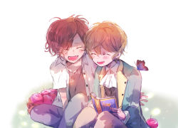 Rule 34 | 2boys, aged down, apple, ascot, basket, blazer, blonde hair, blush, book, brown hair, bug, butterfly, butterfly on shoulder, child, diabolik lovers, fangs, food, fruit, hano luno, happy, holding, holding book, insect, jacket, male focus, mukami yuma, multiple boys, open mouth, sakamaki shuu, smile, white ascot
