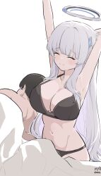 Rule 34 | 1boy, 1girl, arms up, black bra, black hair, black panties, blue archive, blunt bangs, blush, bra, breasts, cleavage, closed eyes, closed mouth, dated, detached sleeves, grey hair, highres, large breasts, long hair, lying, myeolchi, navel, noa (blue archive), on side, panties, shared blanket, short hair, signature, simple background, sleeping, smile, stretching, under covers, underwear, underwear only, very long hair, white background