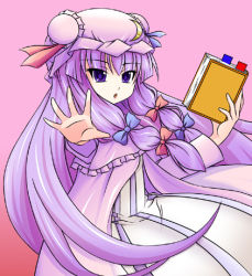 Rule 34 | 1girl, blue eyes, book, bookmark, fal (falketto), falketto, female focus, hair ribbon, hat, long hair, lowres, outstretched arm, outstretched hand, patchouli knowledge, purple hair, ribbon, solo, touhou, very long hair