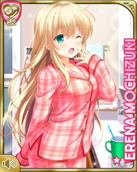 Rule 34 | 1girl, :o, bedroom, blonde hair, breasts, card (medium), cyberagent, day, female focus, girlfriend (kari), green eyes, indoors, large breasts, long hair, mochizuki erena, morning, official art, one eye closed, open mouth, pajamas, pants, pink pants, pink shirt, qp:flapper, shirt, solo, sportswear, standing, tagme