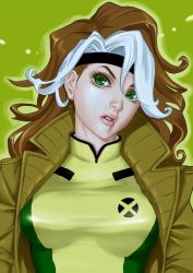 Rule 34 | 10s, 1girl, animification, arms at sides, black headband, bodysuit, breasts, brown hair, brown jacket, coat, dyed bangs, green background, green eyes, hair between eyes, head tilt, headband, jacket, large breasts, lips, lipstick, long hair, looking at viewer, makeup, marvel, multicolored clothes, multicolored hair, neck, open clothes, open jacket, parted lips, pink lips, rogue (x-men), sakakibara mizuki, serious, skin tight, solo, trench coat, two-tone hair, upper body, v-neck, white hair, x-men, yellow bodysuit