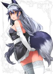 Rule 34 | 1girl, alternate costume, animal ears, bare shoulders, closed mouth, commentary request, dated, dress, elbow gloves, enmaided, fox ears, fox tail, gloves, hair between eyes, happa (cloverppd), kemono friends, lifted by tail, long hair, looking at viewer, maid, maid headdress, silver fox (kemono friends), silver hair, sleeveless, sleeveless dress, solo, tail, thighhighs, white gloves, white thighhighs, yellow eyes