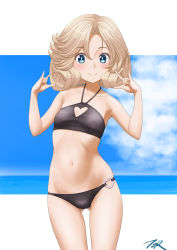 Rule 34 | 1girl, artist name, bikini, black bikini, blonde hair, blue eyes, blue sky, breasts, clothing cutout, cloud, commentary request, cowboy shot, heart cutout, highres, horizon, janus (kancolle), kantai collection, looking at viewer, o-ring, o-ring bottom, ocean, parted bangs, short hair, sky, small breasts, solo, standing, swimsuit, t2r