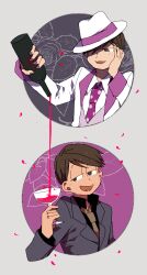 Rule 34 | 2boys, alcohol, atsushi (osomatsu-san), bottle, cup, drinking glass, formal, hand on own cheek, hand on own face, looking back, male focus, matsuno todomatsu, multiple boys, newo (shinra-p), osomatsu-san, pouring, shaded face, smile, suit, wine, wine bottle, wine glass