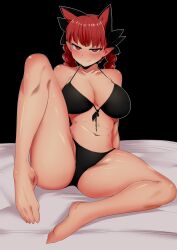 Rule 34 | 1girl, animal ears, bare shoulders, barefoot, bikini, breasts, cat ears, closed mouth, extra ears, fang, full body, half-closed eyes, highres, kaenbyou rin, knee up, large breasts, looking at viewer, mizuga, monochrome, navel, pointy ears, sitting, skin fang, solo, spread legs, swimsuit, third-party edit, toes, touhou