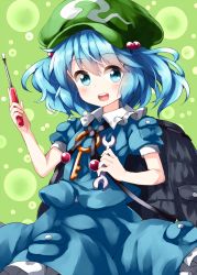 Rule 34 | 1girl, backpack, bag, blue eyes, blue hair, blue shirt, blue skirt, blush, bubble, cabbie hat, commentary request, cowboy shot, frilled shirt collar, frills, green background, green hat, hair between eyes, hair bobbles, hair ornament, hand up, hat, highres, holding, holding wrench, kawashiro nitori, key, looking at viewer, open mouth, petticoat, pouch, ruu (tksymkw), screwdriver, shirt, short hair, skirt, skirt set, smile, solo, touhou, two side up, wing collar, wrench