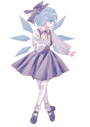 Rule 34 | 1girl, absurdres, adapted costume, blouse, blue bow, blue eyes, blue hair, blue ribbon, blue skirt, bobby socks, bow, cirno, collared shirt, commentary request, crossed legs, full body, hair bow, hand on own chest, highres, ice, ice wings, long sleeves, looking to the side, mary janes, neck ribbon, pantyhose, puffy long sleeves, puffy sleeves, ribbon, shirt, shocho (shaojiujiu), shoes, short hair, skirt, socks, solo, suspenders, touhou, watson cross, white background, white shirt, white socks, wings, ||/