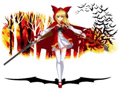 Rule 34 | 1girl, axe, bat (animal), braid, breasts, cape, cleavage, dual wielding, forest, gun, holding, holding axe, holding gun, holding weapon, little red riding hood, long sleeves, looking at viewer, mary janes, nature, outdoors, pixel art, r5r6ty, red cape, red eyes, red footwear, red hood, shoes, shotgun, solo, standing, thighhighs, twin braids, vampire, weapon, white background, white thighhighs